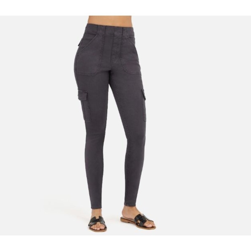 Spanx 20311R Women's Sz Med Washed Black Stretch Twill Ankle Cargo Pants Pull On